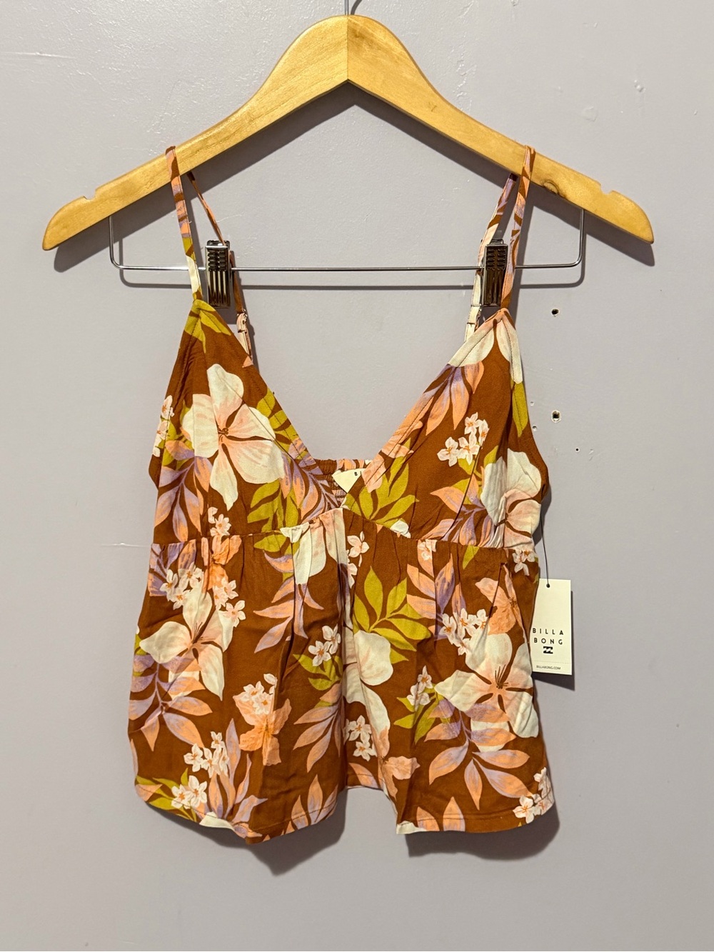 Billabong Brown Floral V-Neck Cami with Pink & Green Accents